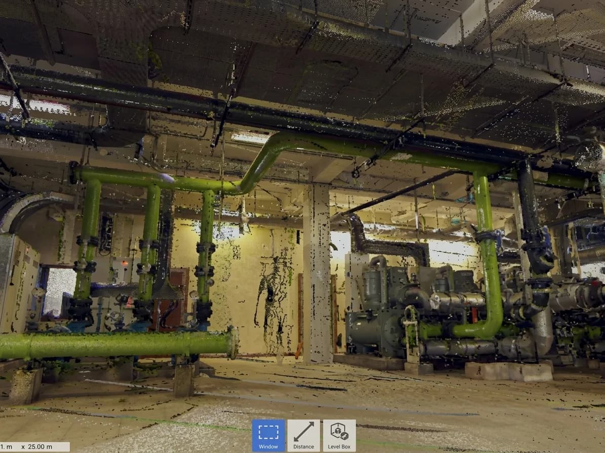 Registered point-cloud scan of an existing mechanical plant room