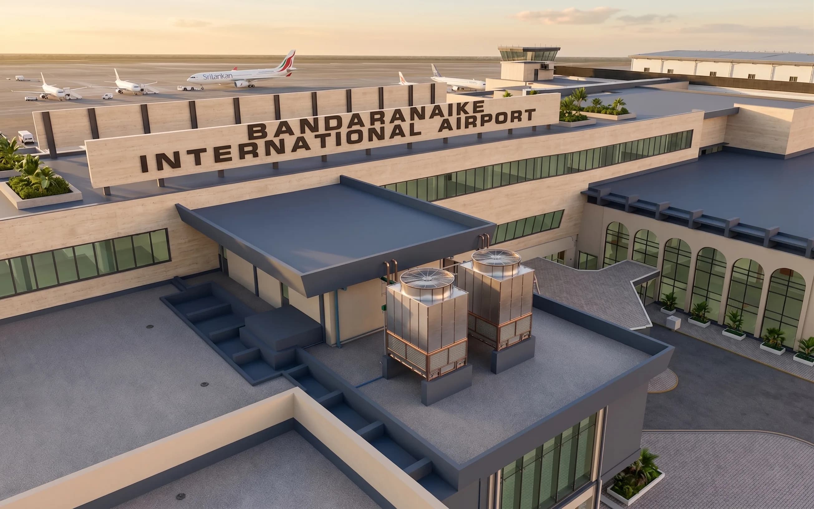Exterior BIM rendering of Bandaranaike International Airport terminal