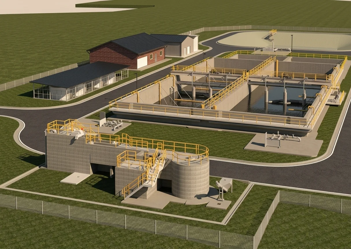 Aerial BIM visualization of Corowa Sewerage Treatment Plant