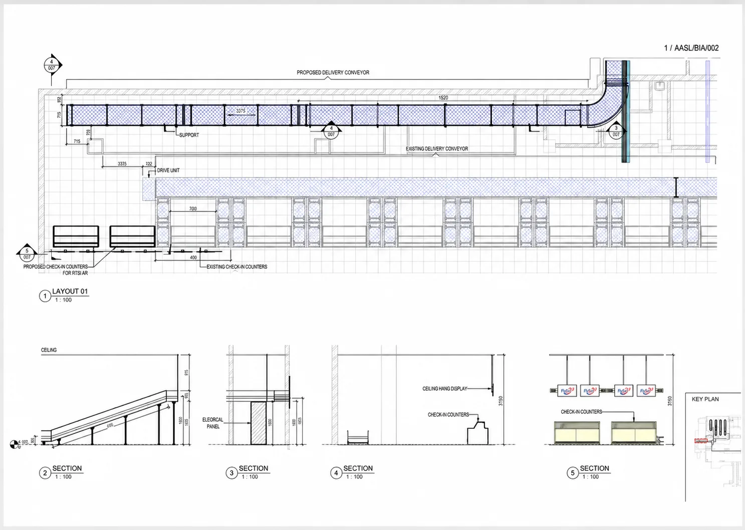 Annotated FitsAir baggage handling system layout and section drawing